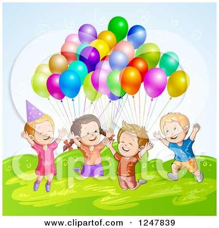 Clipart of Excited Children Jumping with Party Balloons over Hills - Royalty Free Vector Illustration by merlinul