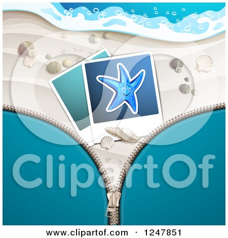 Clipart of a Zipper over a White Sandy Beach with Pictures and Surf - Royalty Free Vector Illustration by merlinul
