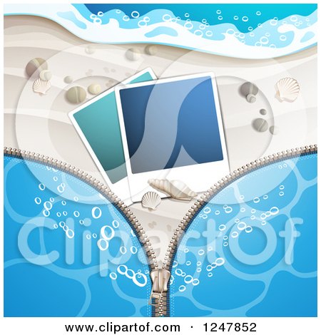 Clipart of a Zipper over a White Sandy Beach with Pictures and Bubbly Surf - Royalty Free Vector Illustration by merlinul