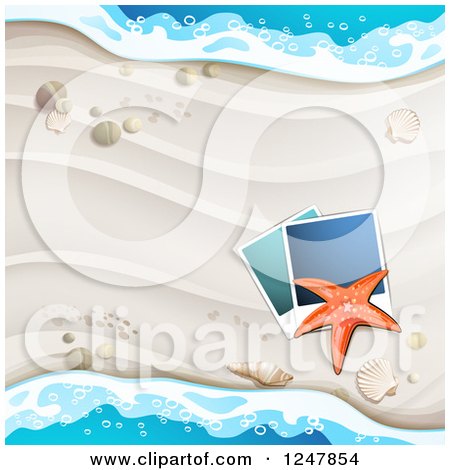 Clipart of a White Sandy Beach, Pictures, Starfish and Surf Background - Royalty Free Vector Illustration by merlinul