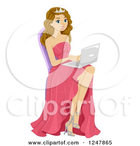 Clipart of a Teenage High School Prom Queen Girl Using a Laptop - Royalty Free Vector Illustration by BNP Design Studio