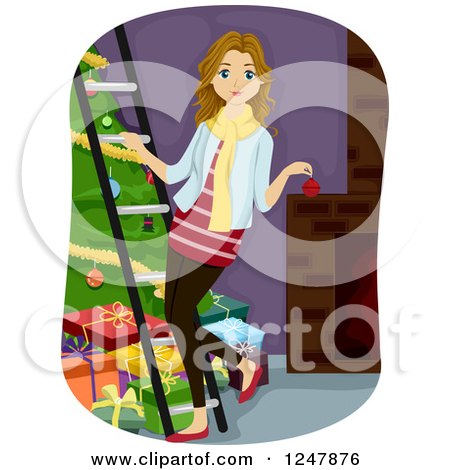 Clipart of a Teen Girl Decorating a Christmas Tree - Royalty Free Vector Illustration by BNP Design Studio