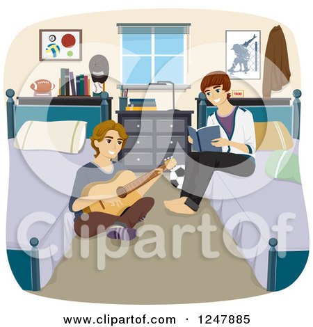 Clipart of College Guy Roomats Reading and Playing a Guitar in Their Dorm - Royalty Free Vector Illustration by BNP Design Studio