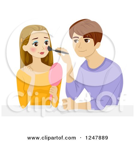 Clipart of a Teen Guy Putting Makeup on His Girlfriend - Royalty Free Vector Illustration by BNP Design Studio