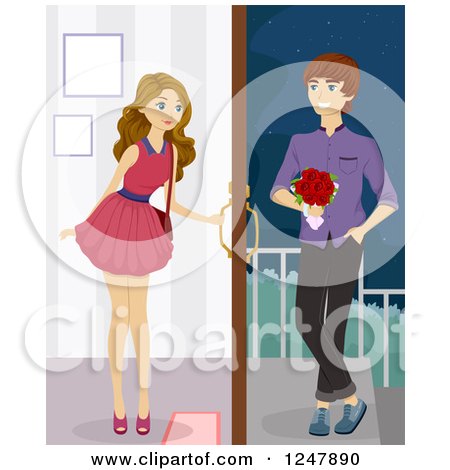 Clipart of a Beautiful Teenage Girl Opening the Door for Her Date - Royalty Free Vector Illustration by BNP Design Studio