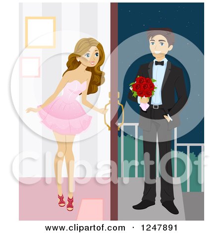 Clipart of a Teenage Girl Opening Her Door for Her Prom Date - Royalty Free Vector Illustration by BNP Design Studio
