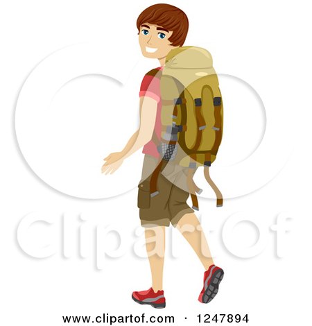 Clipart of a Young Man Looking Back and Walking with a Camping Backpack - Royalty Free Vector Illustration by BNP Design Studio