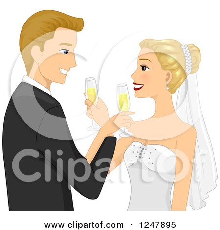 Clipart of a Blond Caucasian Wedding Couple Giving Each Other Champagne - Royalty Free Vector Illustration by BNP Design Studio