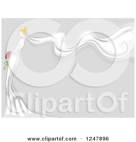 Clipart of a Sketched Blond Bride with a Long Wavy Veil and Text Space - Royalty Free Vector Illustration by BNP Design Studio