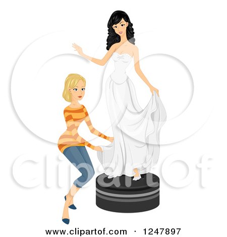 Clipart of a Happy Bride and Designer Altering a Dress - Royalty Free Vector Illustration by BNP Design Studio