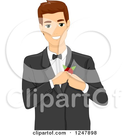 Clipart of a Handsome Groom Putting a Corsage on His Jacket - Royalty Free Vector Illustration by BNP Design Studio