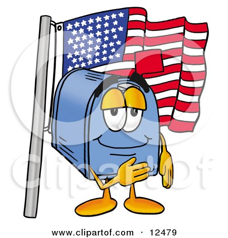 Clipart Picture of a Blue Postal Mailbox Cartoon Character Pledging Allegiance to an American Flag by Mascot Junction