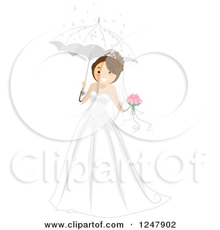 Clipart of a Happy Bride with Her Bouquet and Umbrella - Royalty Free Vector Illustration by BNP Design Studio