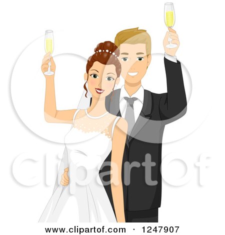 Clipart of a Blond Caucasian Wedding Couple Cheering with Champagne - Royalty Free Vector Illustration by BNP Design Studio