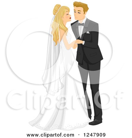 Clipart of a Blond Caucasian Wedding Couple About to Kiss - Royalty Free Vector Illustration by BNP Design Studio