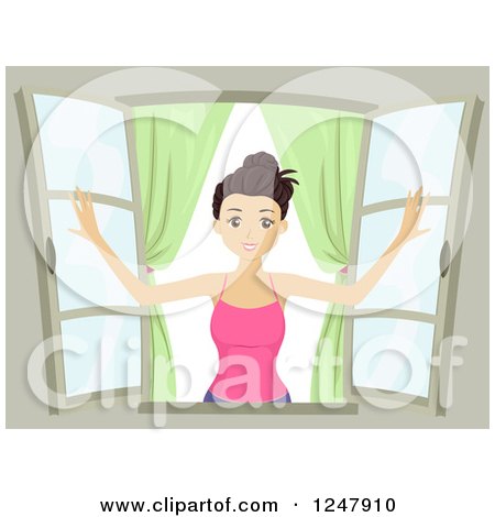 Clipart of a Young Woman Opening Her Windows - Royalty Free Vector Illustration by BNP Design Studio