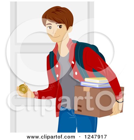 Clipart of a College Guy Opening a Dorm Room Door - Royalty Free Vector Illustration by BNP Design Studio
