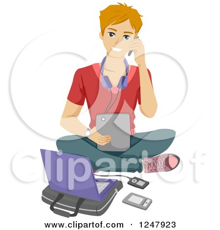 Clipart of a Teenage Guy Sitting on the Floor with a Cell Phone, Tablet and Laptop - Royalty Free Vector Illustration by BNP Design Studio