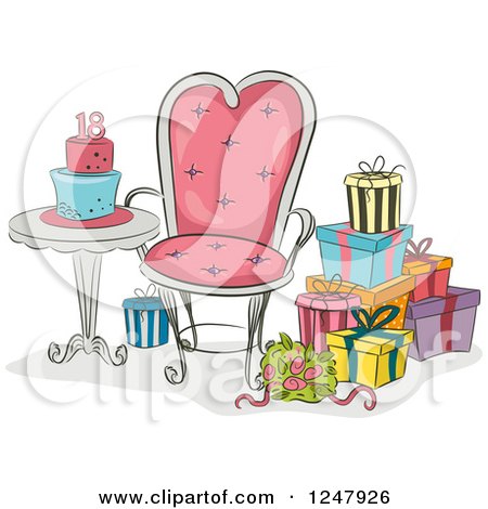 Clipart of Gifts and a Chair by an 18th Birthdat Party Cake - Royalty Free Vector Illustration by BNP Design Studio