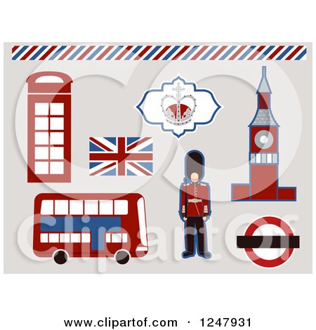 Clipart of a London Beefeater and Icons - Royalty Free Vector Illustration by BNP Design Studio