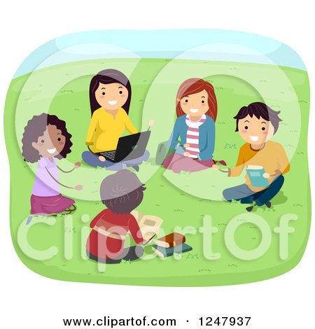 Clipart of Teenage Stuents Talking and Studying in a Park - Royalty Free Vector Illustration by BNP Design Studio