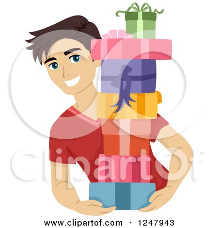 Clipart of a Young Man Carrying a Stack of Presents - Royalty Free Vector Illustration by BNP Design Studio