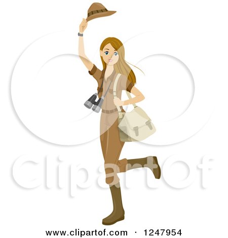 Clipart of a Young Safari Woman Waving Her Hat Goodbye - Royalty Free Vector Illustration by BNP Design Studio