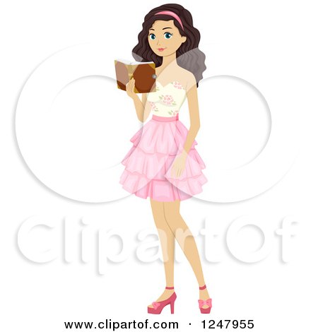 Clipart of a Teen Girl Reading a Book in a Dress - Royalty Free Vector Illustration by BNP Design Studio
