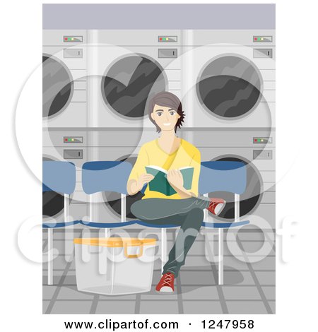 Clipart of a Happy Young Man Reading and Sitting in a Laundromat - Royalty Free Vector Illustration by BNP Design Studio