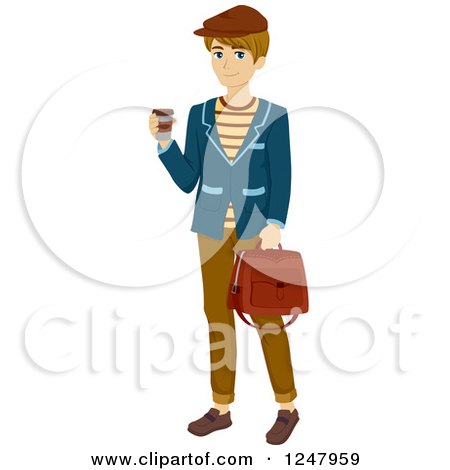 Clipart of a Parisian Teen Guy with Coffee and a Travel Bag - Royalty Free Vector Illustration by BNP Design Studio