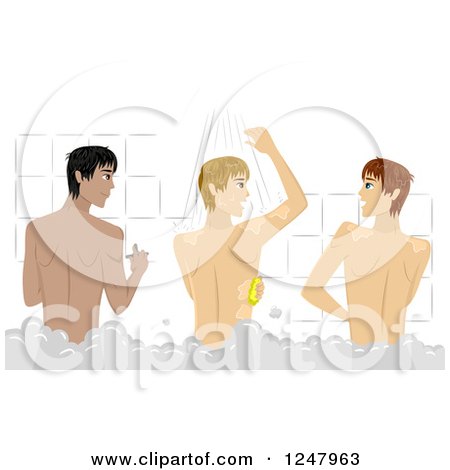 Clipart of College Guys Bathing in a Communial Shower - Royalty Free Vector Illustration by BNP Design Studio