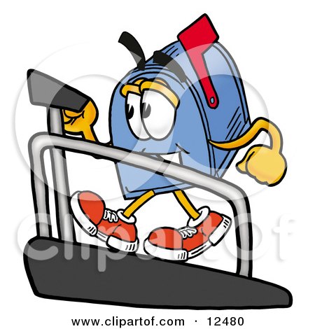 Clipart Picture of a Blue Postal Mailbox Cartoon Character Walking on a Treadmill in a Fitness Gym by Mascot Junction