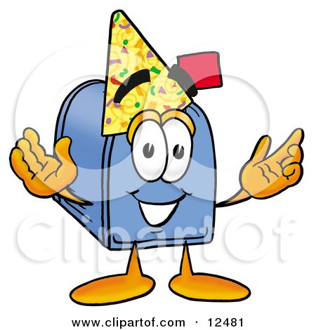 Clipart Picture of a Blue Postal Mailbox Cartoon Character Wearing a Birthday Party Hat by Mascot Junction