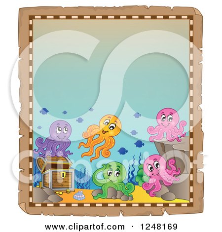 Clipart of an Aged Parchment Page with Colorful Octopi by Sunken Treasure - Royalty Free Vector Illustration by visekart