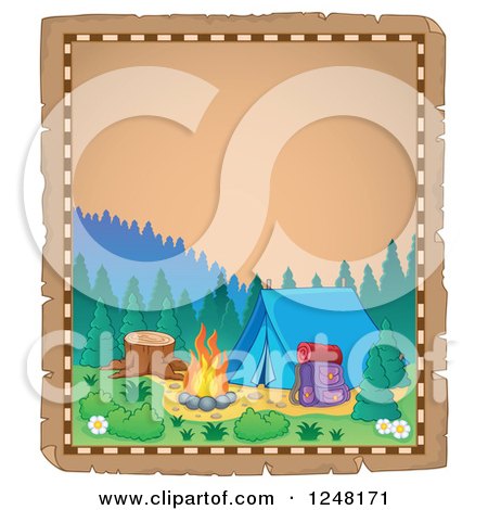 Clipart of an Aged Parchment Page with a Mountainous Camp Site - Royalty Free Vector Illustration by visekart