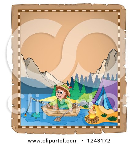 Clipart of an Aged Parchment Page with a Camping Man Fishing in a Mountainous Lake - Royalty Free Vector Illustration by visekart