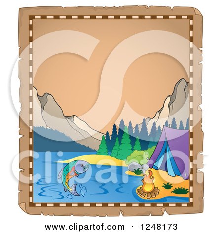 Clipart of an Aged Parchment Page with a Mountainous Lake Camp Site - Royalty Free Vector Illustration by visekart