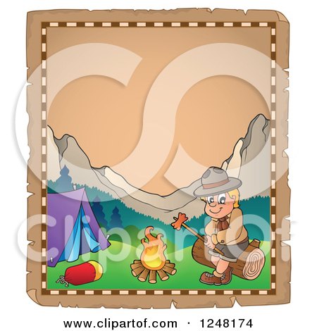 Clipart of an Aged Parchment Page with a Camping Scout Boy by a Camp Fire - Royalty Free Vector Illustration by visekart