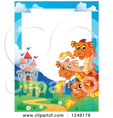 Clipart of a Border of a Three Headed Orange Fire Breathing Dragon and a Castle - Royalty Free Vector Illustration by visekart