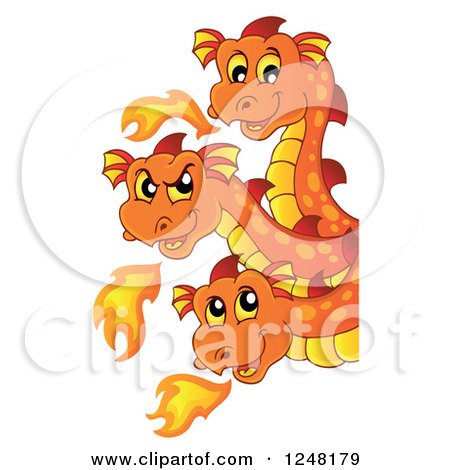 Clipart of a Three Headed Orange Fire Breathing Dragon Around a Sign - Royalty Free Vector Illustration by visekart