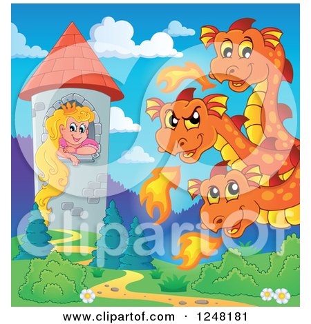 Clipart of a Three Headed Orange Fire Breathing Dragon Guarding a Princess in a Tower - Royalty Free Vector Illustration by visekart