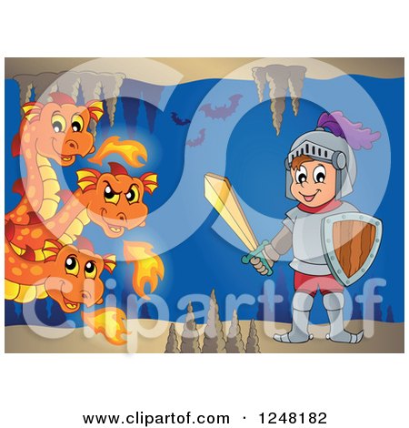 Clipart of a Three Headed Orange Fire Breathing Dragon and Knight in a Cave - Royalty Free Vector Illustration by visekart