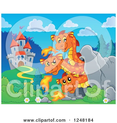 Clipart of a Three Headed Orange Fire Breathing Dragon in a Cave near a Castle - Royalty Free Vector Illustration by visekart