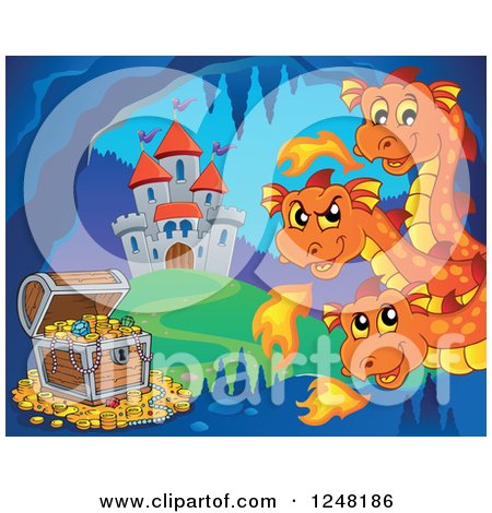 Clipart of a Three Headed Orange Fire Breathing Dragon Guarding Treasure in a Cave near a Castle - Royalty Free Vector Illustration by visekart