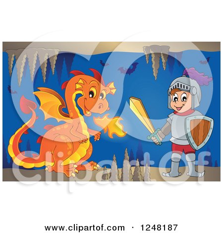 Clipart of an Orange Fire Breathing Dragon and Knight in a Cave - Royalty Free Vector Illustration by visekart