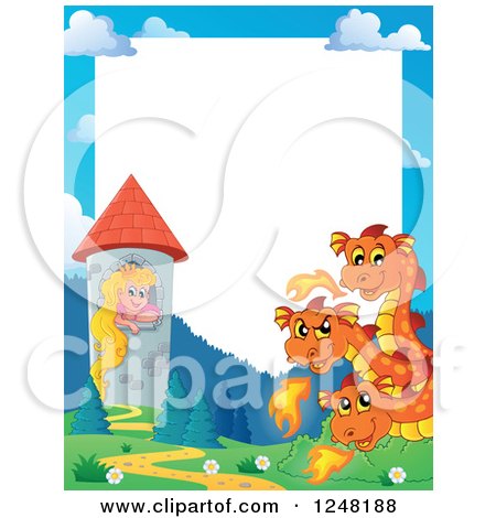 Clipart of a Border of a Three Headed Orange Fire Breathing Dragon Guarding a Princess in a Tower - Royalty Free Vector Illustration by visekart
