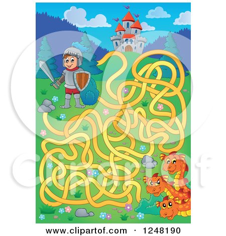 Clipart of a Knight Dragon and Fairy Tale Castle Maze - Royalty Free Vector Illustration by visekart