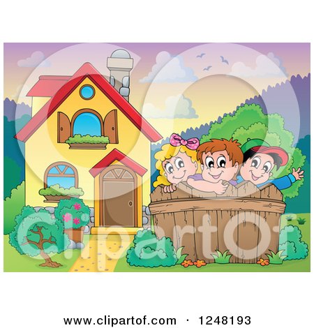 Clipart of a House with Children Behind a Fence in the Front Yard - Royalty Free Vector Illustration by visekart