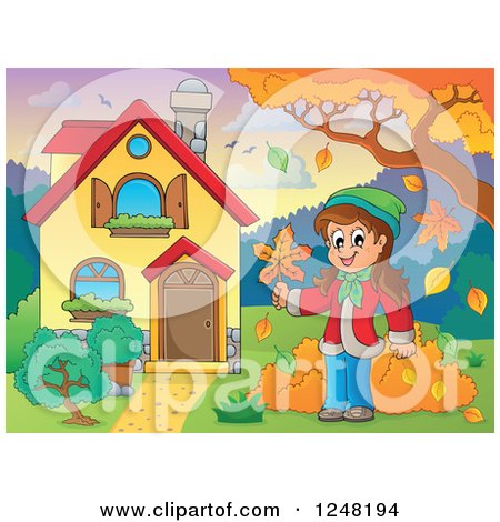 Clipart of a House with a Girl and Autumn Leaves in the Front Yard - Royalty Free Vector Illustration by visekart