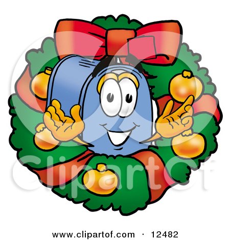 Clipart Picture of a Blue Postal Mailbox Cartoon Character in the Center of a Christmas Wreath by Mascot Junction